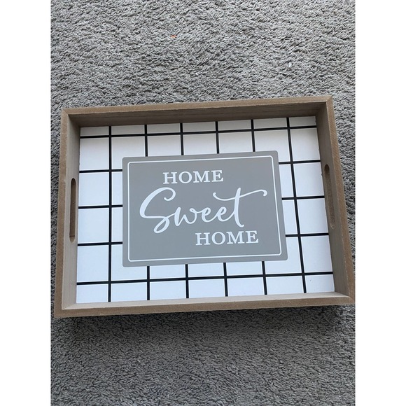 Decorative tray w/ black/white check pattern & "home sweet home", 15 in x 11 in - Picture 3 of 5